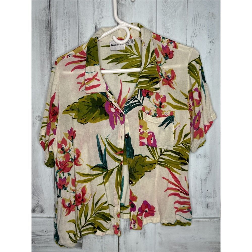 RAYA SUN CROPPED CRINKLE COTTON PINK FLORAL TROPICAL‎ BUTTON UP HAWAIIAN SHIRT M